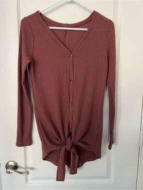Waffle Knit Tie-Front Button Top - Mauve
